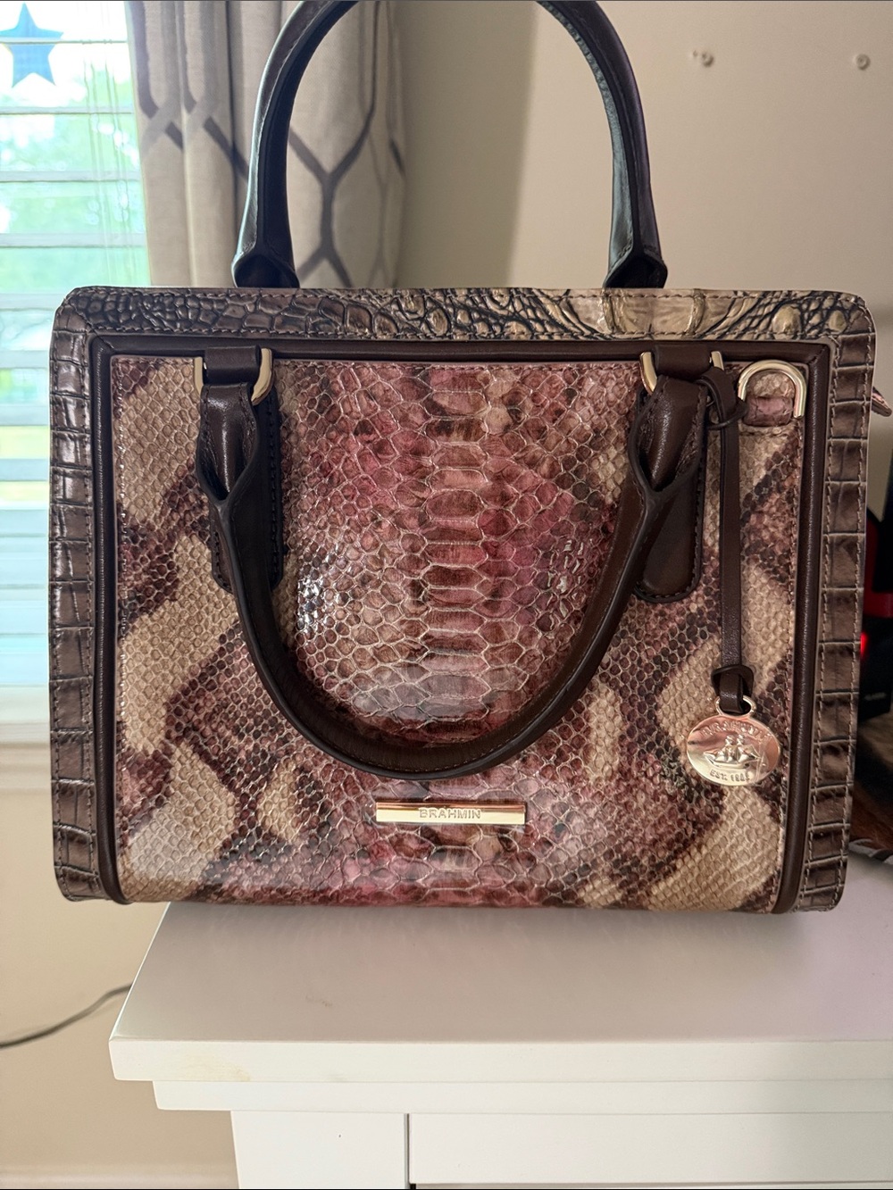 Brahmin Pink Taupe Snake-Embossed Satchel with Dark Brown Trim